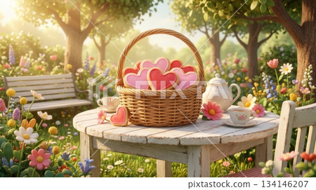 3D Wicker Basket with Heart Shaped Cookies on Tea Table in Garden 134146207