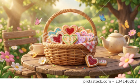 3D Wicker Basket with Heart Shaped Cookies on Tea Table in Garden 3D Wicker Basket with Heart Shaped Cookies on Tea Table in Garden 134146208