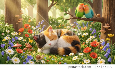 3D Cute Cat Lying in Garden with Small Flowers and Lovebirds 134146209
