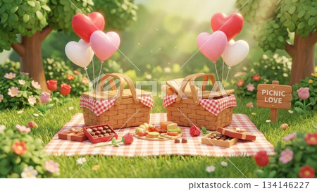 3D Cute Picnic Basket with Heart Balloons, Chocolate, and Roses in Garden 134146227