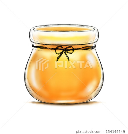 Honey in small open lid glass jar with bow tie isolated cartoon illustration 134146349