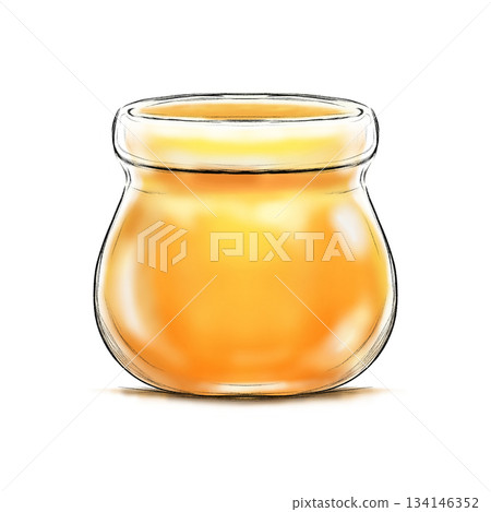 Honey in small open lid glass jar isolated cartoon illustration 134146352
