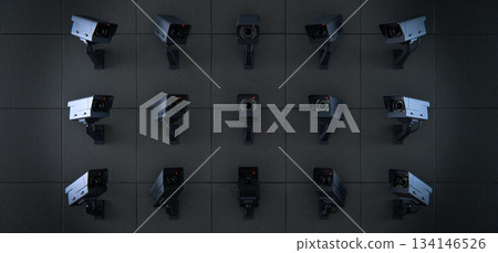 Security, CCTV, surveillance cameras on dark wall, total control background Security, CCTV, surveillance cameras on dark wall, total control background 134146526