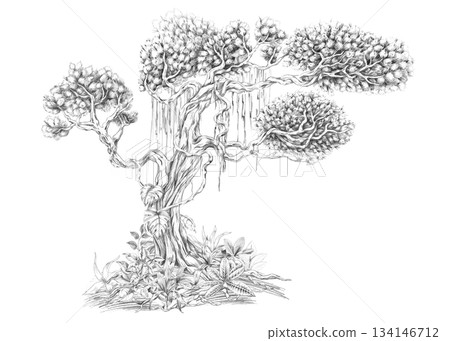A large tree entwined with vines and leaves. Isolated pencil illustration of the tropics for hotel and restaurant interiors, nature reserve websites, and poster printing. A large tree entwined with vines and leaves. Isolated pencil illustration of the tropics for hotel and restaurant interiors, nature reserve websites, and poster printing. 134146712