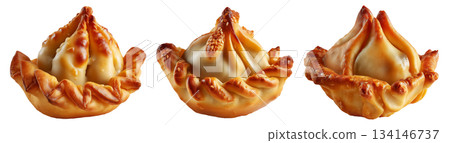 Set of Sambousek small crescent baked dumpling with twisted and pinched crust with cheese or meat, isolated on white background 134146737