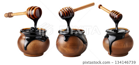 Set of Egyp Molasses black syrup jar splashing from a polished jar, isolated on white background, concept of Arabic Cuisine 134146739