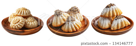 Set of Maamoul traditional sesame covered pastry, cookies powdered with sugar on white background. Concept of baked dessert food 134146777