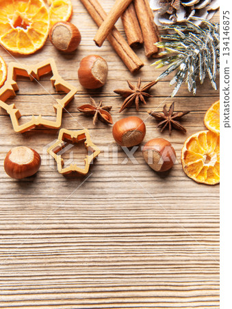 Christmas baking ingredients on rustic wooden background Christmas baking ingredients on rustic wooden background 134146875