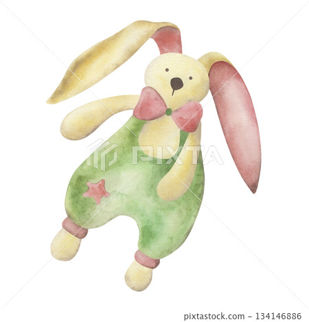 Comfort toy for baby, soft cotton bunny. The illustration of a textile animal is hand-drawn in a soft, childish style in yellow, pink, green colors. For the design of children's products, packaging Comfort toy for baby, soft cotton bunny. The illustration of a textile animal is hand-drawn in a soft, childish style in yellow, pink, green colors. For the design of children's products, packaging 134146886