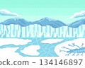 Glacial valleys with frost fractures floor and snow layer in winter landscape on blue sky background, pixel art. 134146897