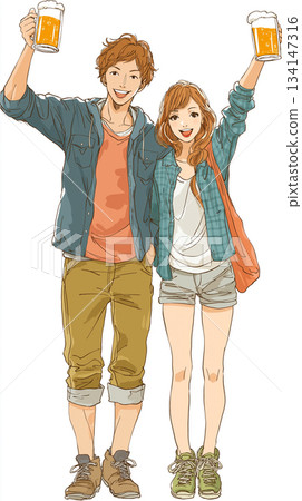 Illustration of a drinking party of young people having fun toasting | Men and women group, smiles, beer, mugs, food, party 134147316