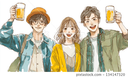一幅充滿活力的年輕人新年/年終派對插畫 | 啤酒杯、碰杯、聊天、微笑、互動、聚會 一幅充滿活力的年輕人新年/年終派對插畫 | 啤酒杯、碰杯、聊天、微笑、互動、聚會 134147320
