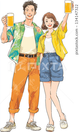 Illustration of a refreshing young people's New Year's party/year-end party | Beer mugs, toasting, chatting, smiling, interacting, gathering 134147322