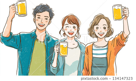 一幅充滿活力的年輕人新年/年終派對插畫 | 啤酒杯、碰杯、聊天、微笑、互動、聚會 134147323