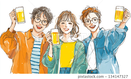 一群年輕人舉杯暢飲,其樂融融的派對場景 | 男女老少,笑容滿面,啤酒,酒杯,食物,派對 一群年輕人舉杯暢飲,其樂融融的派對場景 | 男女老少,笑容滿面,啤酒,酒杯,食物,派對 134147327