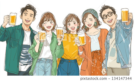 Illustration material of a drinking party full of smiling young people | Cheers, beer, friends, banquet, companions, izakaya, gathering, meal, year-end party 134147344