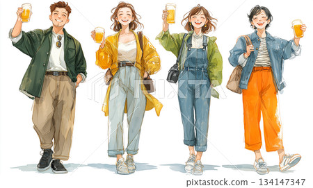 一群男女舉杯暢飲的輕鬆聚會場景 | 啤酒、酒杯、笑容、聚會、朋友、工作場所、新年 134147347