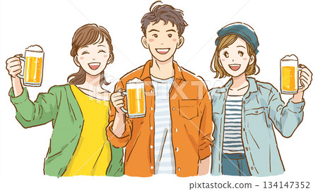 一群男女舉杯暢飲的輕鬆聚會場景 | 啤酒、酒杯、笑容、聚會、朋友、工作場所、新年 134147352