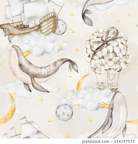 Seamless watercolor pattern featuring whales with golden crowns, wooden ships on clouds, hydrangea flower balloons, soft yellow moons, and planets. Perfect for nursery textiles, or wrapping paper. 134147572