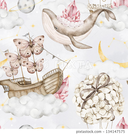 Seamless watercolor pattern with a whale, crystals, a butterfly sailboat, hot air balloon made of hydrangea flowers, clouds, yellow crescent moon, stars, and planets on grey. Nursery textile print 134147575