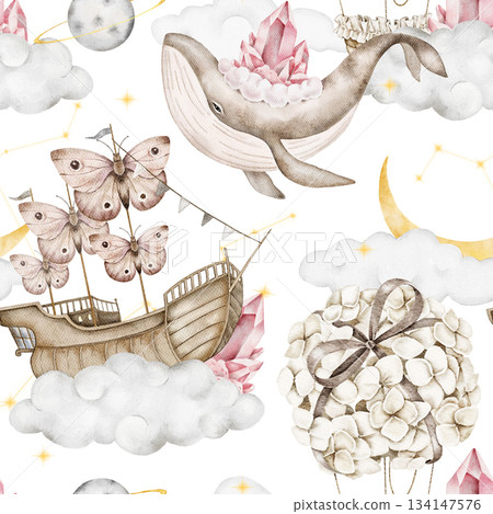 Seamless watercolor pattern featuring a whale with crystals, a butterfly sailboat, hot air balloon made of hydrangea flowers, clouds, yellow crescent moon, stars, and planets. Nursery textile print Seamless watercolor pattern featuring a whale with crystals, a butterfly sailboat, hot air balloon made of hydrangea flowers, clouds, yellow crescent moon, stars, and planets. Nursery textile print 134147576
