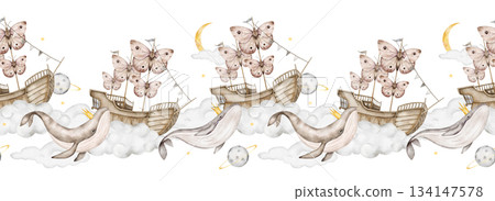 Seamless watercolor border with butterfly sailboats, whales with pink crystals, clouds, crescent moons, gray background. Great for baby bedding, nursery wall borders, stationery, birthday party decor. 134147578