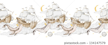 Seamless watercolor pattern featuring whales with golden crowns, wooden ships on clouds, hydrangea flower balloons, soft yellow moons, and planets. Perfect for nursery textiles, or wrapping paper. Seamless watercolor pattern featuring whales with golden crowns, wooden ships on clouds, hydrangea flower balloons, soft yellow moons, and planets. Perfect for nursery textiles, or wrapping paper. 134147579