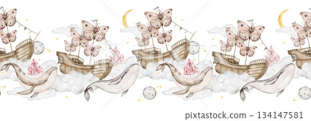 Seamless watercolor pattern featuring whales with golden crowns, wooden ships on clouds, hydrangea flower balloons, soft yellow moons, and planets. Perfect for nursery textiles, or wrapping paper. 134147581
