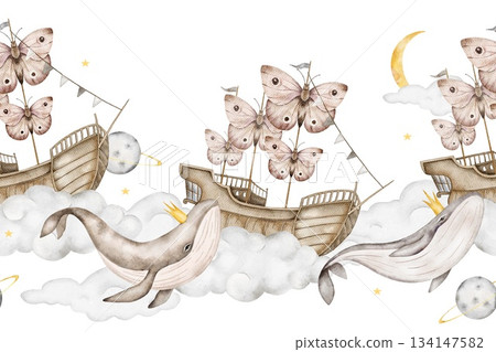 Seamless watercolor border with butterfly sailboats, whales with gold crown, clouds, crescent moons, planets, gray background. Ideal for nursery bedding, baby shower, stationery, or kids wallpaper Seamless watercolor border with butterfly sailboats, whales with gold crown, clouds, crescent moons, planets, gray background. Ideal for nursery bedding, baby shower, stationery, or kids wallpaper 134147582