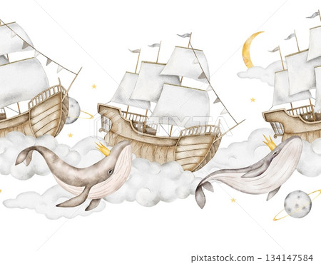 Seamless watercolor border with whales in golden crowns, sailing ships, clouds, yellow crescent moons, stars, planets on light gray. Perfect for nursery wall borders, baby bedding, or wrapping paper. 134147584