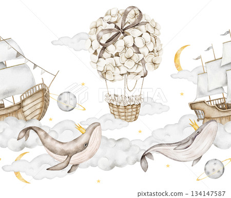 Seamless watercolor border with whales wearing gold crowns, hydrangea hot air balloon, wooden sailing ships, clouds, crescent moons, planets on light gray. For nursery borders, bedding, or paper. Seamless watercolor border with whales wearing gold crowns, hydrangea hot air balloon, wooden sailing ships, clouds, crescent moons, planets on light gray. For nursery borders, bedding, or paper. 134147587