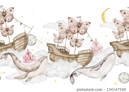 Seamless watercolor border with butterfly sailboats, whales with pink crystals, clouds, crescent moons, gray background. Great for baby bedding, nursery wall borders, stationery, birthday party decor. Seamless watercolor border with butterfly sailboats, whales with pink crystals, clouds, crescent moons, gray background. Great for baby bedding, nursery wall borders, stationery, birthday party decor. 134147589