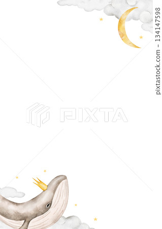 Vertical watercolor frame with crowned whale, clouds, yellow crescent moon, and stars. Ideal for baby event invitation, nursery poster, or children greeting card. 134147598