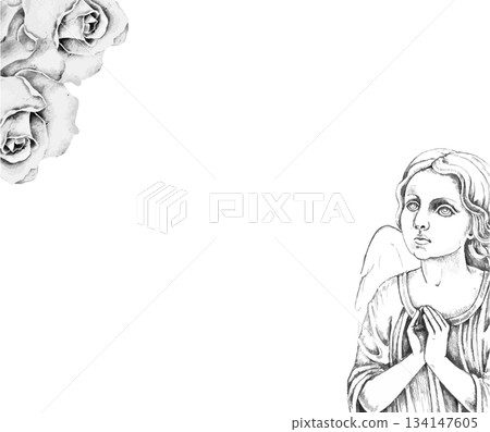 Watercolor memorial card frame with a praying angel in the corner and two white roses, black and white. Template for memorial cards, sympathy stationery, condolence invitations, or obituary layouts. 134147605