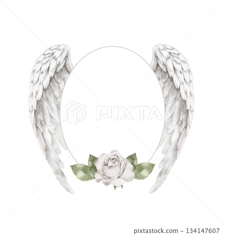 Memorial wreath frame with white angel wings, oval shape, and single white rose with green foliage, watercolor design for condolence templates, sympathy invitations, memorial cards, spiritual gifts Memorial wreath frame with white angel wings, oval shape, and single white rose with green foliage, watercolor design for condolence templates, sympathy invitations, memorial cards, spiritual gifts 134147607