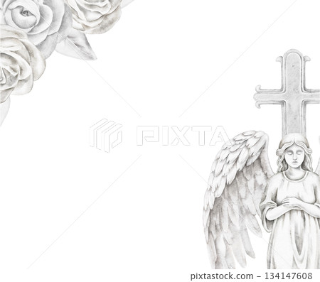 Frame with angel wings beside a stone Christian cross and delicate rose in the corner, watercolor illustration for memorial projects, remembrance cards, or spiritual themed design elements. 134147608