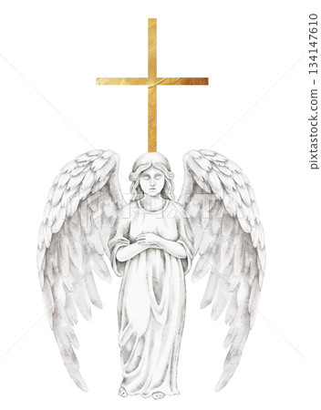 Statue of an angel with feathered wings stands beneath a golden Christian cross, watercolor style, symbolizing faith, hope, remembrance, and divine protection, for memorial cards, religious projects Statue of an angel with feathered wings stands beneath a golden Christian cross, watercolor style, symbolizing faith, hope, remembrance, and divine protection, for memorial cards, religious projects 134147610