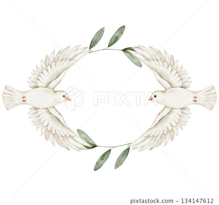Two white doves facing each other wreath with olive leaves, watercolor artwork for memorial templates, wedding invitation, remembrance cards, spiritual greeting, or peace-themed design projects. 134147612