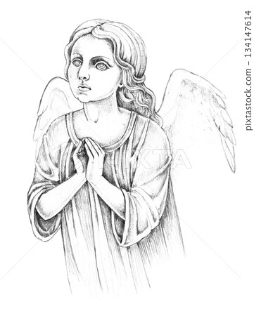 Watercolor black and white drawing of a praying angel , elegant and emotional spirit art for condolence cards, spiritual inspiration, memorial stationery, or remembrance program cover. Watercolor black and white drawing of a praying angel , elegant and emotional spirit art for condolence cards, spiritual inspiration, memorial stationery, or remembrance program cover. 134147614