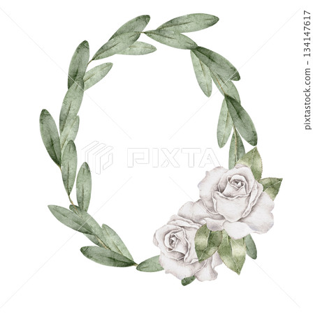 Watercolor wreath olive leaves with two white roses at the bottom, elegant frame template for memorial cards, invitations, condolence greetings, remembrance projects, or funeral stationery designs. 134147617