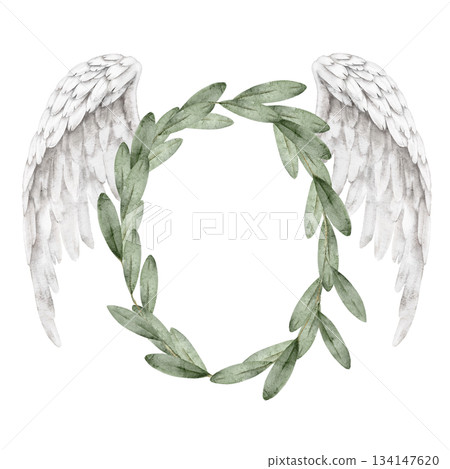 Watercolor wreath olive leaves decorated with white angel wings, frame template for spiritual memorial cards, condolence layouts, funeral invitations, or remembrance ceremony graphic design projects. 134147620