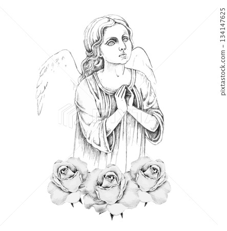 Praying angel with folded hands over three white roses, hand-drawn watercolor for remembrance projects, sympathy cards, memorial invitations, condolence art, or spiritual tribute stationery template. Praying angel with folded hands over three white roses, hand-drawn watercolor for remembrance projects, sympathy cards, memorial invitations, condolence art, or spiritual tribute stationery template. 134147625