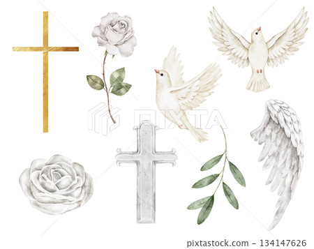 Set clip art of gold cross, white dove with olive branch, angel wings, white rose, and greenery, assembled for Christian celebration, baptism decor, memorial project, Easter or spiritual announcement. Set clip art of gold cross, white dove with olive branch, angel wings, white rose, and greenery, assembled for Christian celebration, baptism decor, memorial project, Easter or spiritual announcement. 134147626