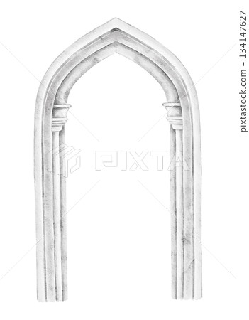 Hand drawn gothic stone arch with pointed top and carved details in light texture watercolor illustration for history projects, church designs, invitation or memory card or medieval architecture book. 134147627