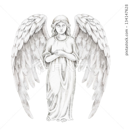 Statue of angel with large feathered wings, white marble texture, praying pose, watercolor illustration for memorial card, sympathy design, religious event, or spiritual art decoration purposes. Statue of angel with large feathered wings, white marble texture, praying pose, watercolor illustration for memorial card, sympathy design, religious event, or spiritual art decoration purposes. 134147628