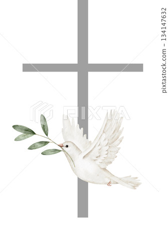 Watercolor illustration of a grey cross and white dove in flight, holding olive branch, symbolism of peace and faith, perfect for memorial, religious events, spirituality, or commemoration projects. 134147632