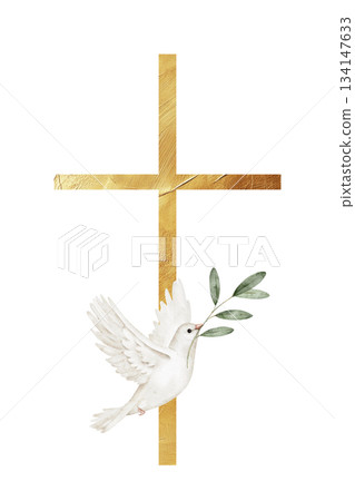 Gold cross with a white dove holding olive branch, wings extended, watercolor style, symbolizing faith, hope, and peace, religious event, sympathy card, church announcement, or Easter design project. 134147633