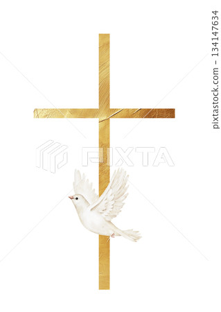 Golden Christian cross with flying white dove, wings spread, representing renewal, purity, and spiritual inspiration, ideal for baptism invitations, Easter themes, church decorations, memorial design. Golden Christian cross with flying white dove, wings spread, representing renewal, purity, and spiritual inspiration, ideal for baptism invitations, Easter themes, church decorations, memorial design. 134147634