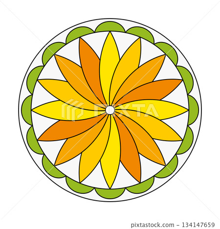 Hex sign with sixteen pointed rosette, a symbol of the life-giving power of the sun and plant growth. Round disc with a motif in the style of Pennsylvania Dutch folk art. Isolated illustration. Vector 134147659