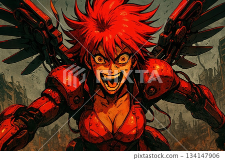 Ferocious Red Cyborg Warrior with Mechanical Wings and Evil Intent 134147906